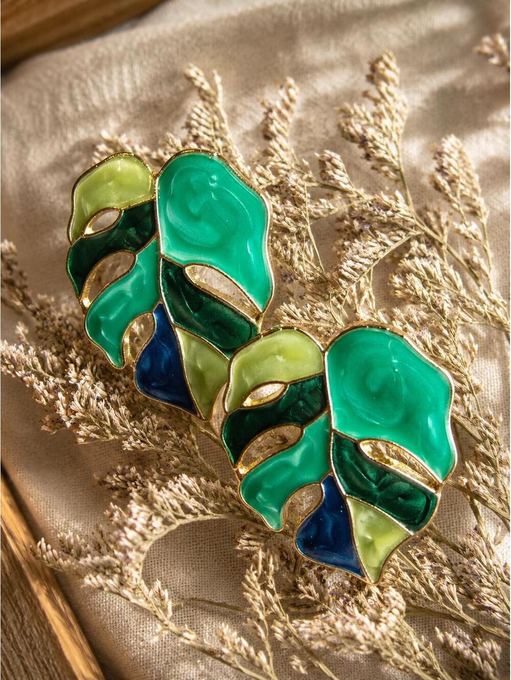 Tropical Plant Leaf Stud Earrings, Botanical Enamel Studs